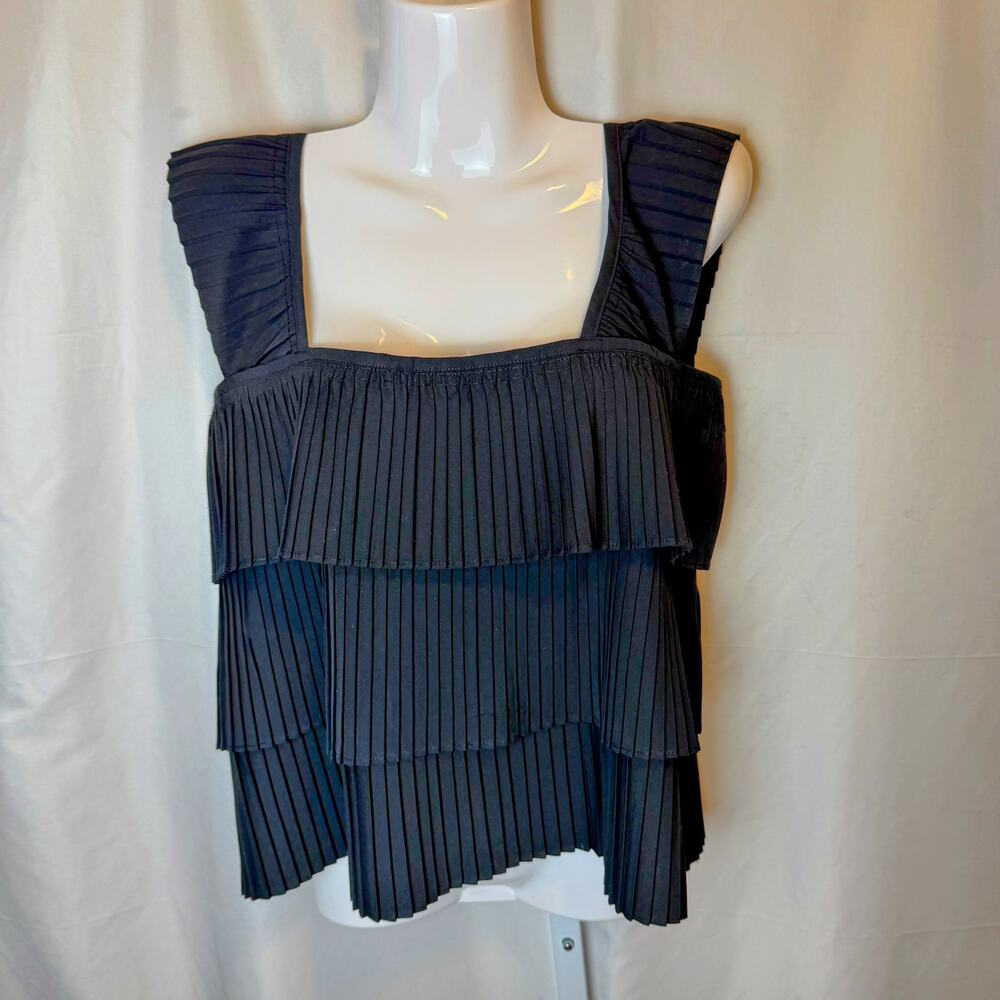 J.Crew Black Pleated Tiered Tank Top Square Neck Cotton Blend Size M Office